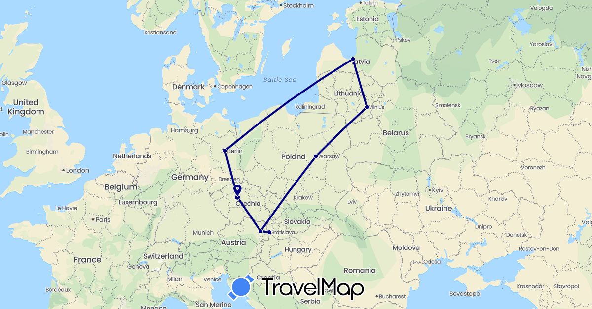 TravelMap itinerary: driving in Austria, Czech Republic, Germany, Lithuania, Latvia, Poland, Slovakia (Europe)